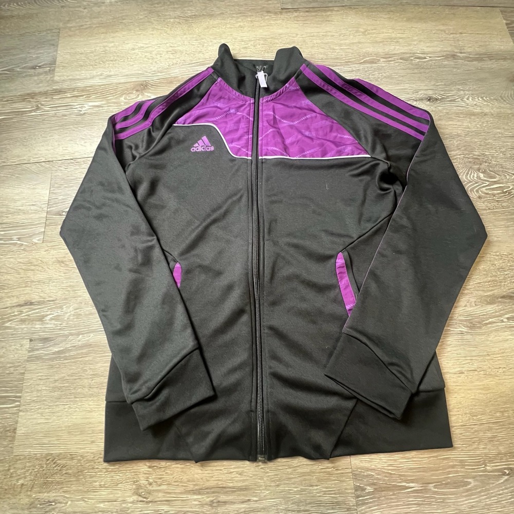 Adidas Track Jacket Womens‎ M Black Purple Climalite Full Zip 3-Stripe Athletic